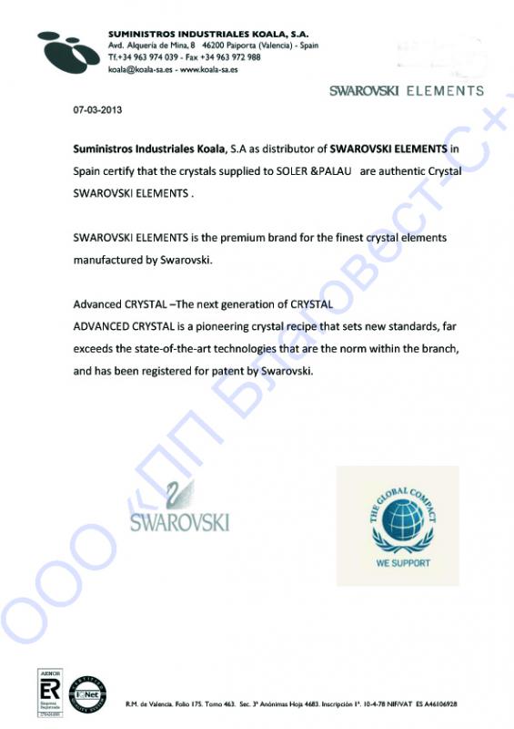 Сертификат на элементы SWAROVSKI для вентиляторов S&P