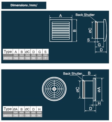 Вытяжной вентилятор с обратным клапаном JSC MM 100 (сверхтонкий, квадрат)
