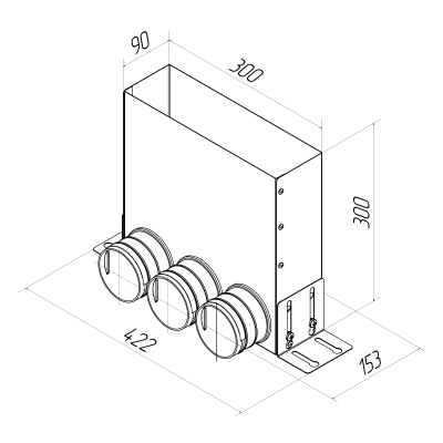 Присоединительная коробка Provent VPU 300×90/75×3 на 3 выхода, угловая прямоугольная